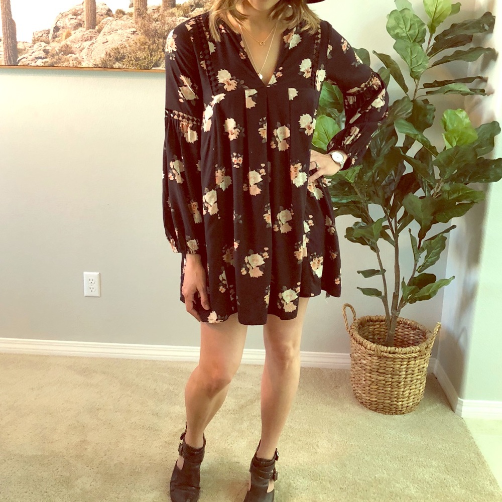 Free People Black Floral Mini Dress/Tunic- Small